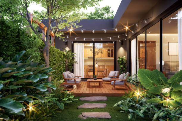 Twilight patio with festoon lights