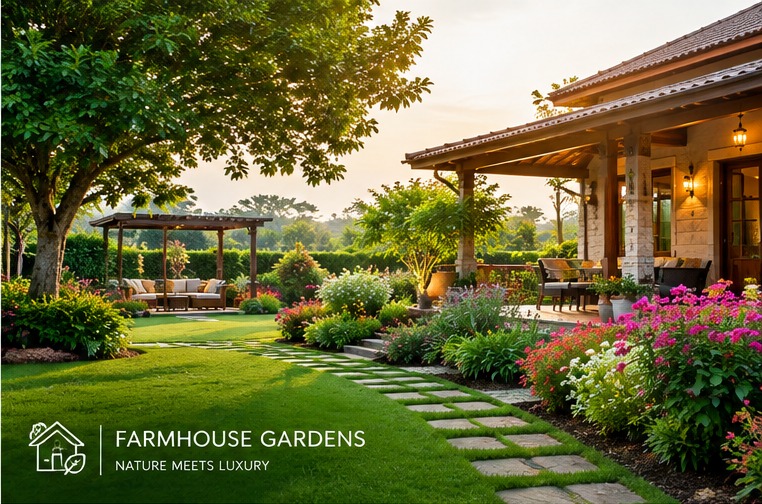 Farmhouse garden path with layered planting