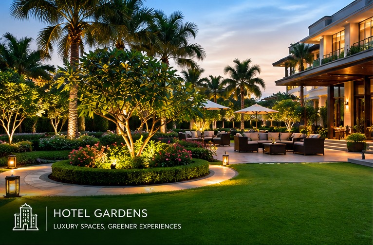 Hotel gardens at dusk with warm outdoor lighting